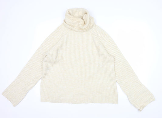Stradivarius Women Beige Roll Neck Ribbed Knit Jumper Size 12