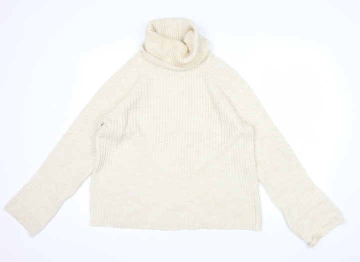 Stradivarius Women Beige Roll Neck Ribbed Knit Jumper Size 12