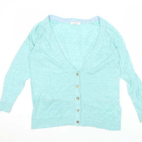 White Stuff Women's Blue Linen Cotton V-Neck Cardigan UK 10