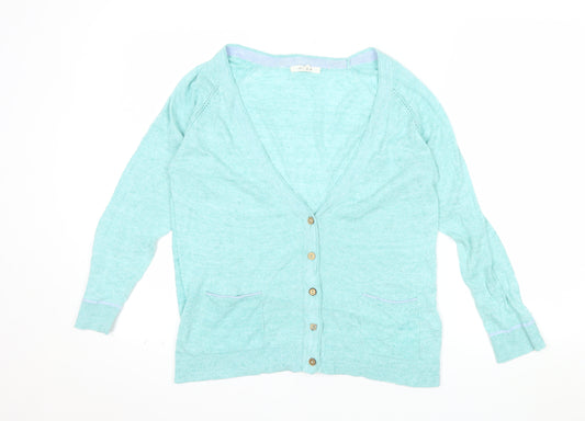 White Stuff Women's Blue Linen Cotton V-Neck Cardigan UK 10