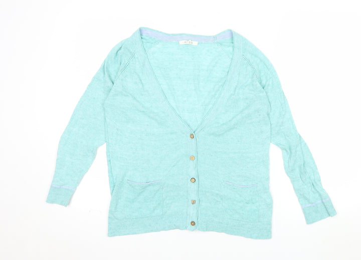 White Stuff Women's Blue Linen Cotton V-Neck Cardigan UK 10