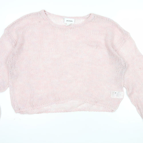 Monki Women Pink Open Knit Crew Neck Relaxed Pullover Jumper XL