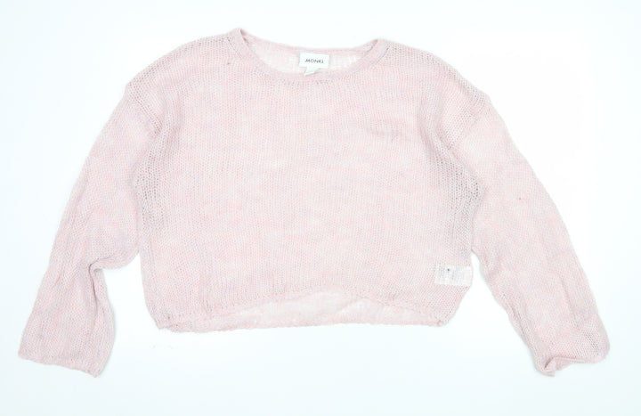 Monki Women Pink Open Knit Crew Neck Relaxed Pullover Jumper XL