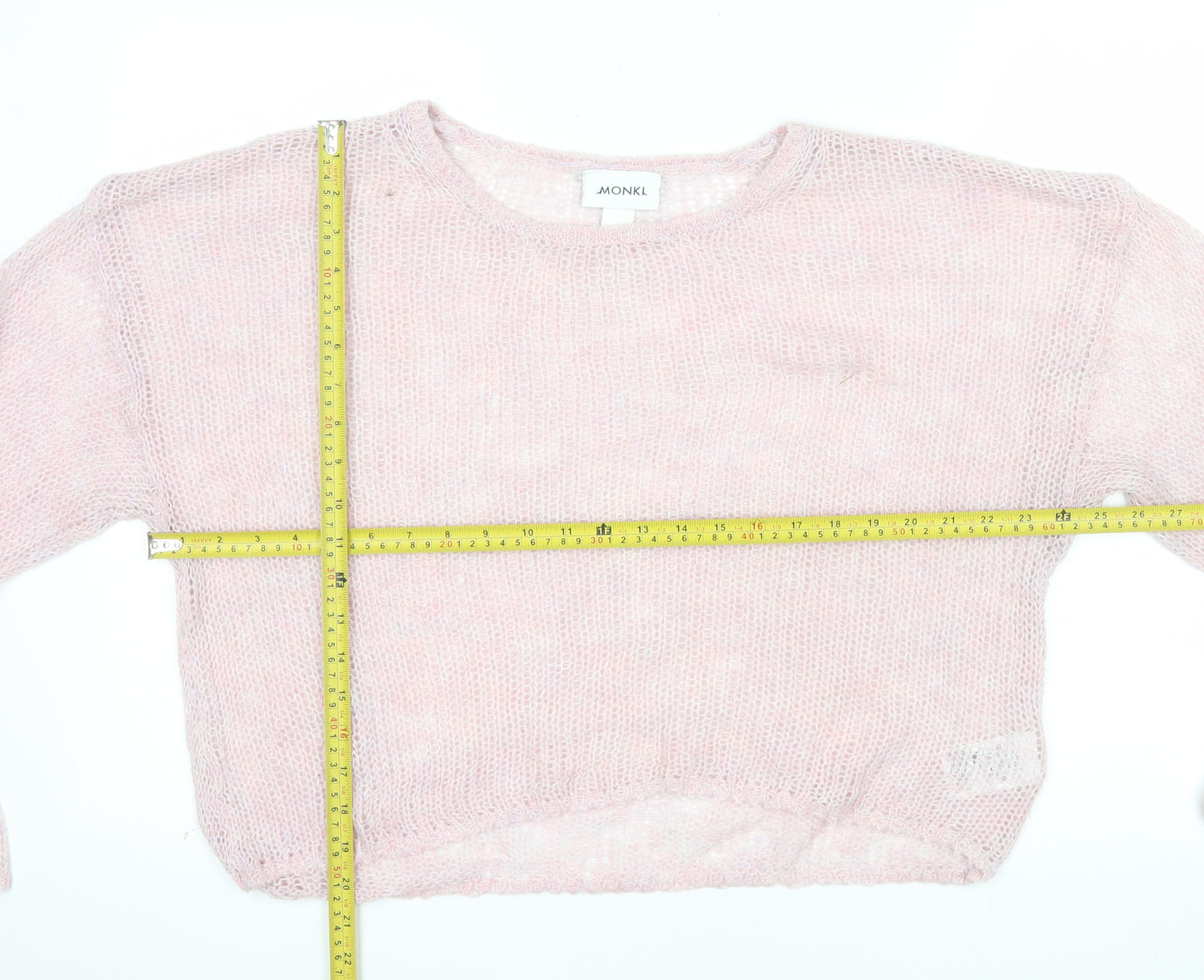 Monki Women Pink Open Knit Crew Neck Relaxed Pullover Jumper XL