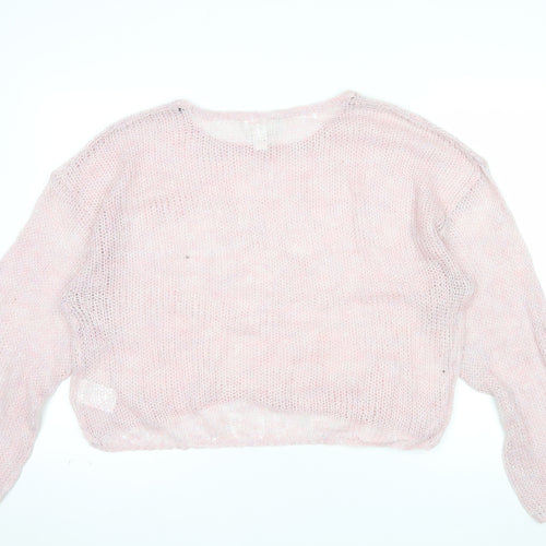 Monki Women Pink Open Knit Crew Neck Relaxed Pullover Jumper XL