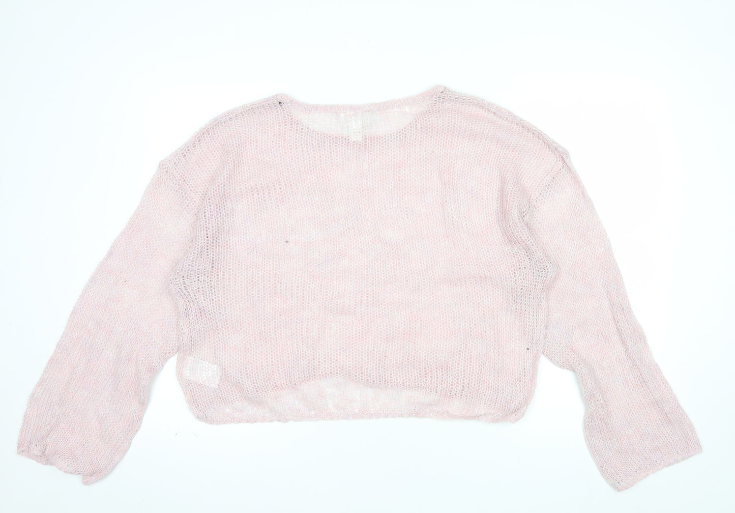 Monki Women Pink Open Knit Crew Neck Relaxed Pullover Jumper XL