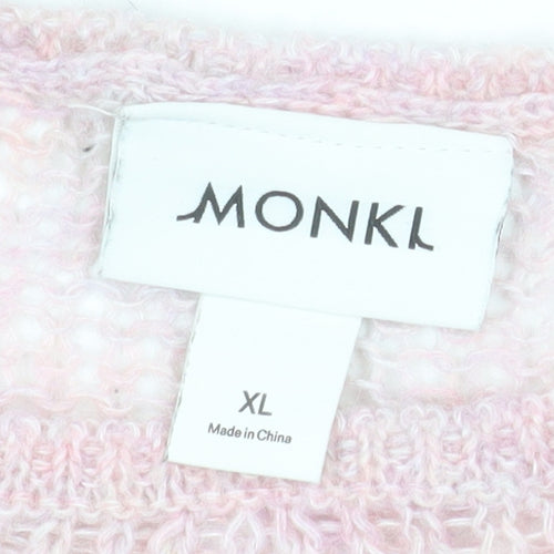 Monki Women Pink Open Knit Crew Neck Relaxed Pullover Jumper XL