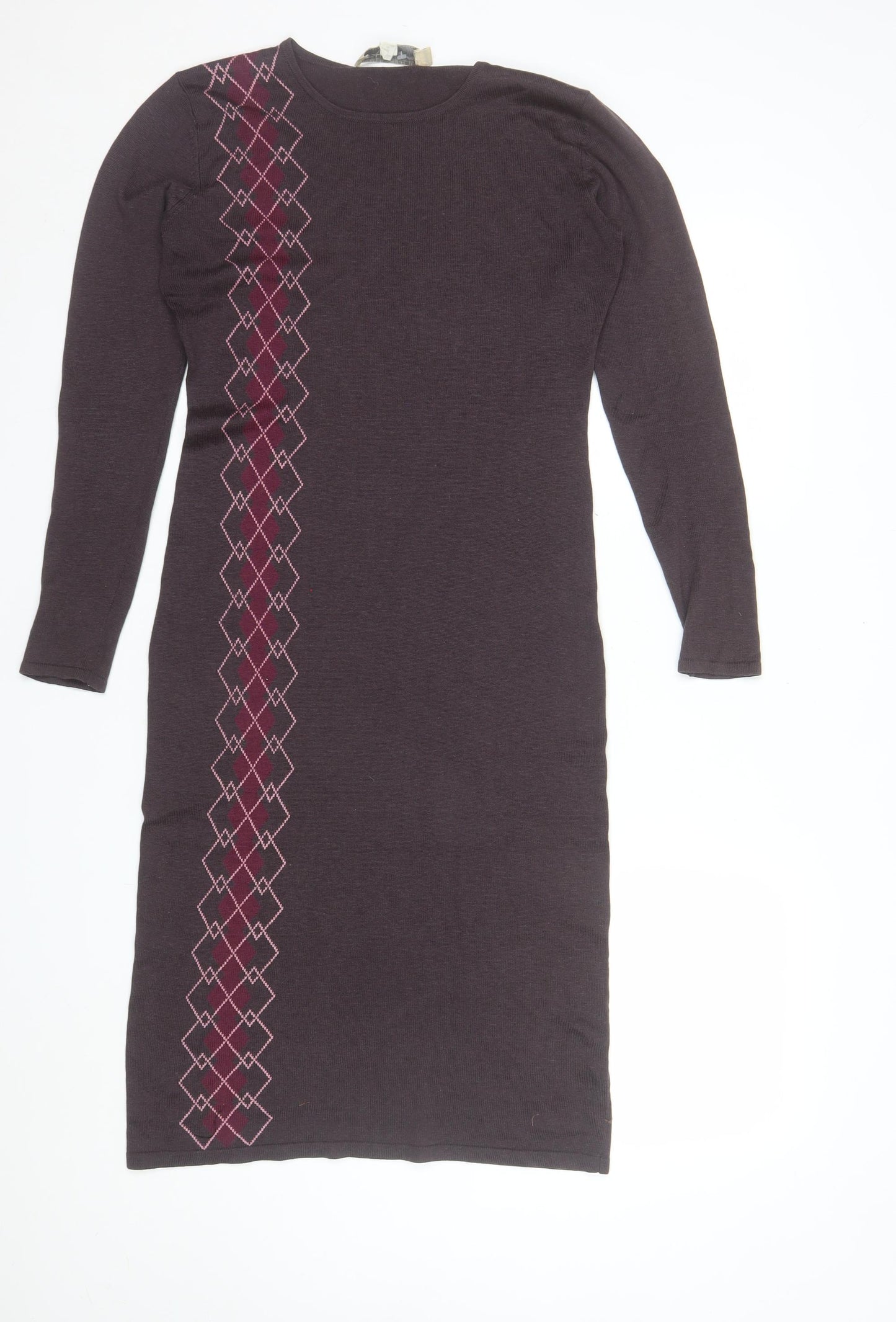 Blunauta Women Brown Argyle Knit Silk Cashmere Bodycon Dress M