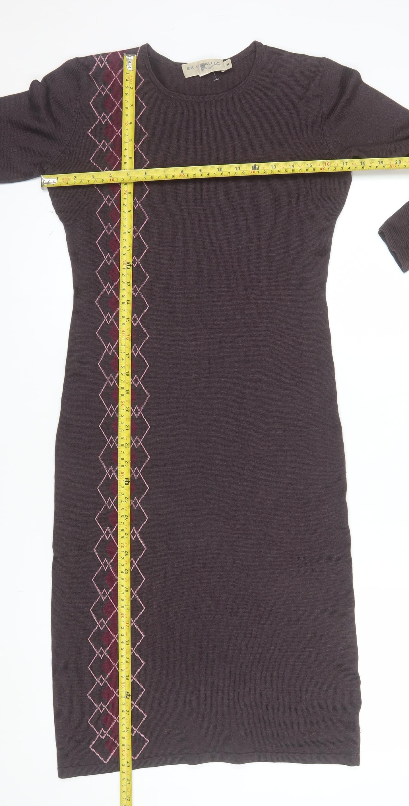 Blunauta Women Brown Argyle Knit Silk Cashmere Bodycon Dress M