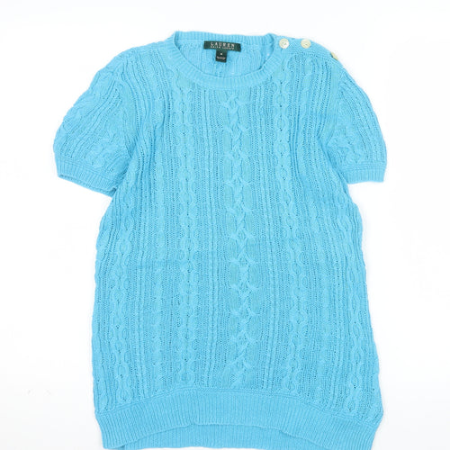 Ralph Lauren Women's Blue Cable-Knit Short Sleeve Cotton Linen Jumper Size M