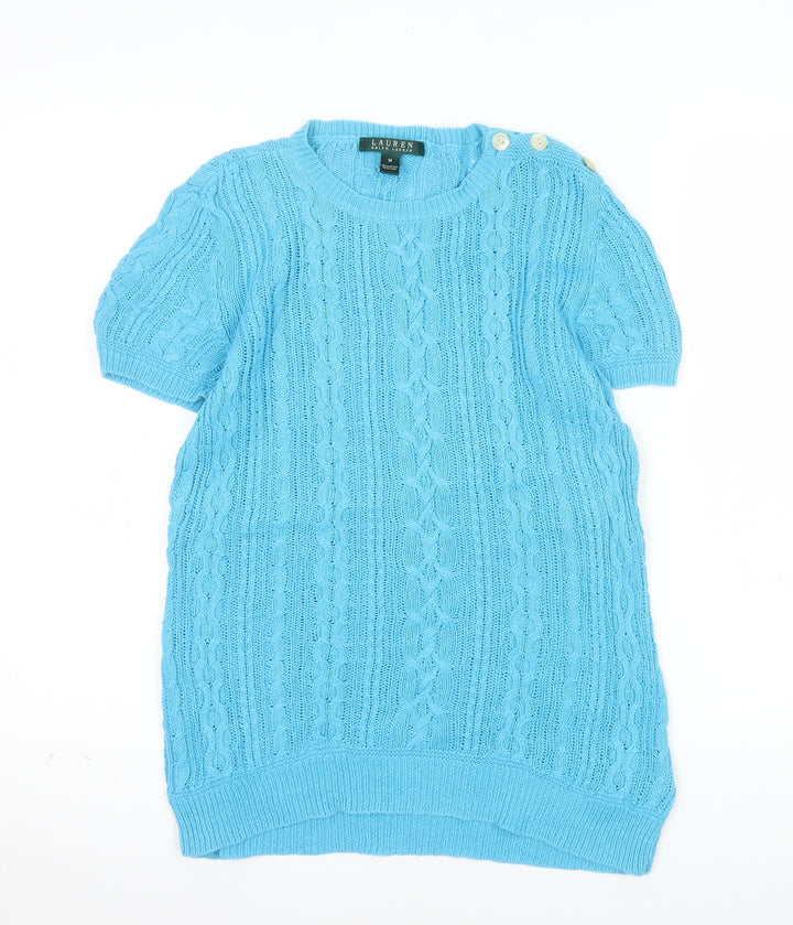 Ralph Lauren Women's Blue Cable-Knit Short Sleeve Cotton Linen Jumper Size M