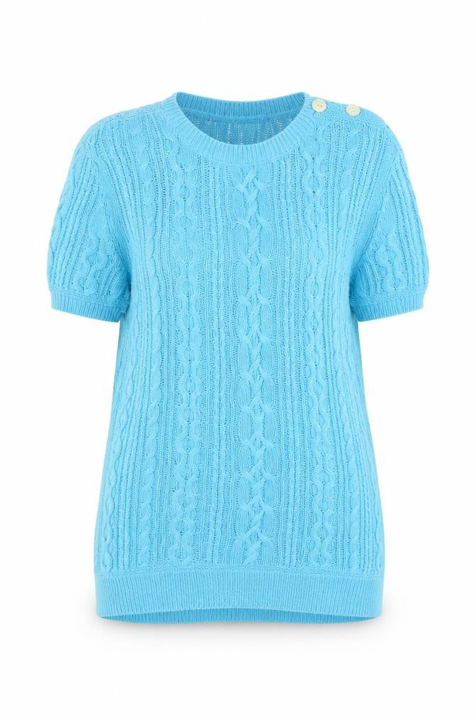 Ralph Lauren Women's Blue Cable-Knit Short Sleeve Cotton Linen Jumper Size M