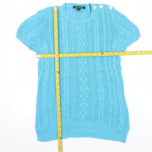 Ralph Lauren Women's Blue Cable-Knit Short Sleeve Cotton Linen Jumper Size M