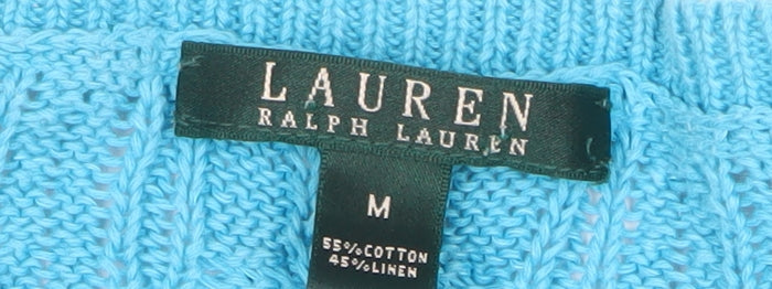 Ralph Lauren Women's Blue Cable-Knit Short Sleeve Cotton Linen Jumper Size M