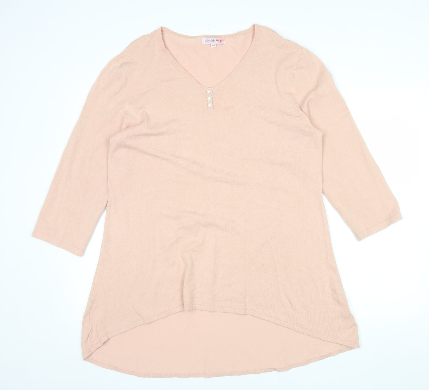 Michele Hope Womens Beige Knit 3/4 Sleeve V-Neck Blouse Size 14