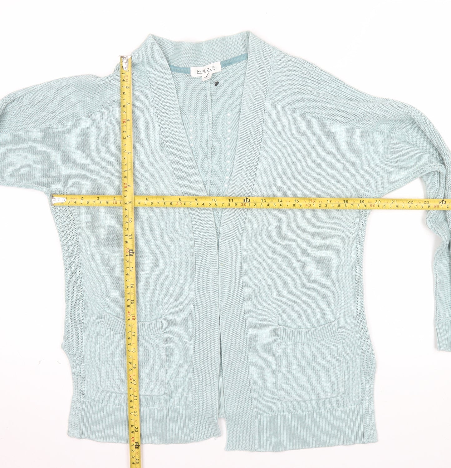 White Stuff Women's Blue Cotton Linen Open Knit Cardigan UK 8