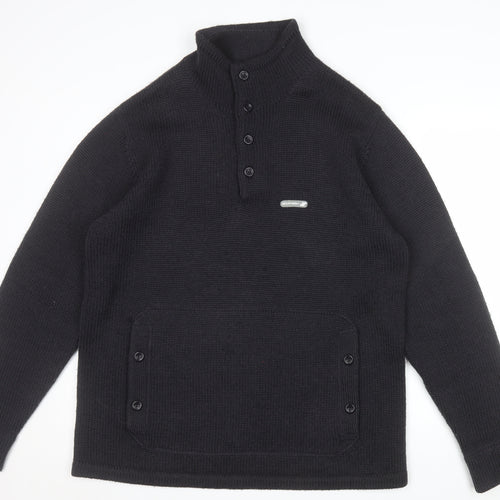Boxfresh Mens Black Wool Blend Henley Jumper XL High Neck Casual