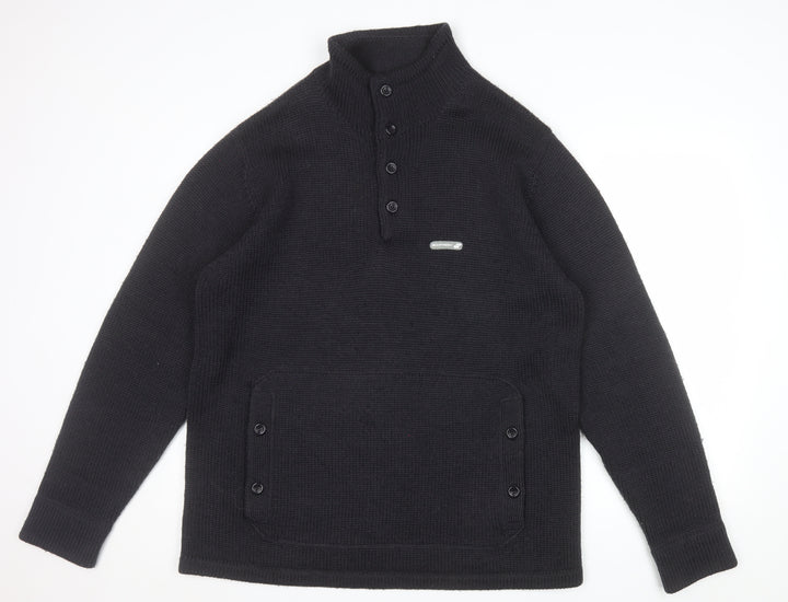 Boxfresh Mens Black Wool Blend Henley Jumper XL High Neck Casual