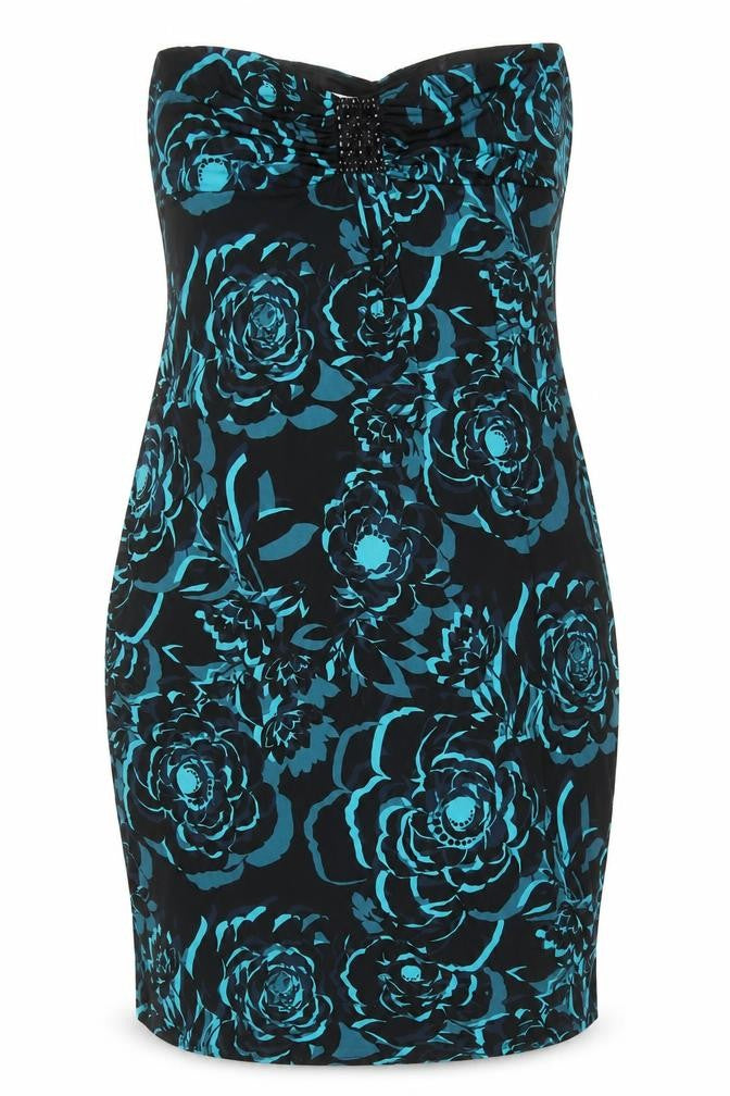 Monsoon Women Blue Floral Strapless Beaded Bodycon Dress Size 22