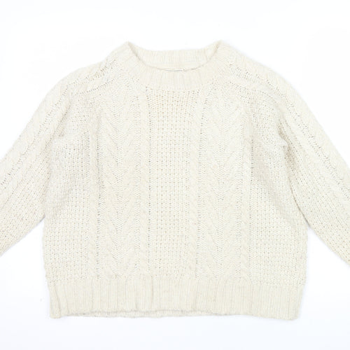 Fat Face Women Ivory Cable Knit Crew Neck Wool Jumper Size 10