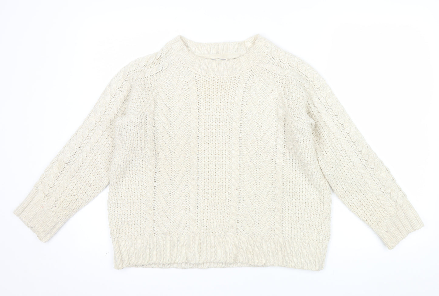 Fat Face Women Ivory Cable Knit Crew Neck Wool Jumper Size 10
