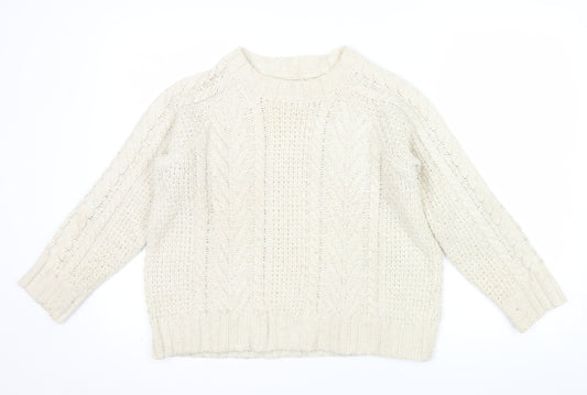 Fat Face Women Ivory Cable Knit Crew Neck Wool Jumper Size 10