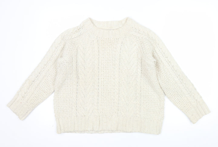 Fat Face Women Ivory Cable Knit Crew Neck Wool Jumper Size 10