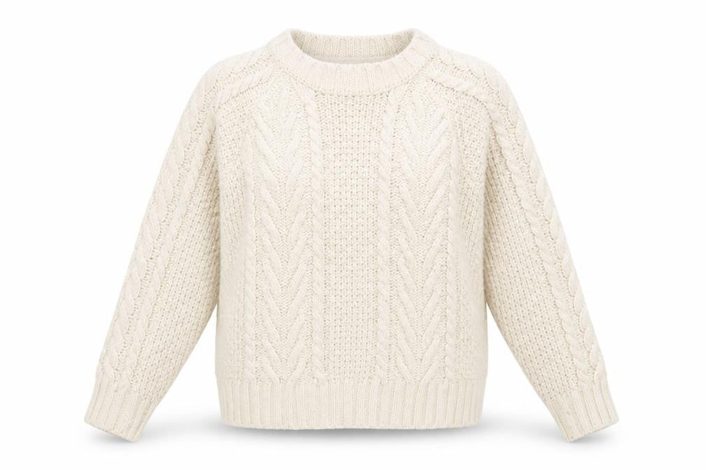 Front view of FatFace Women Ivory Cable Knit Crew Neck Wool Jumper, size 10