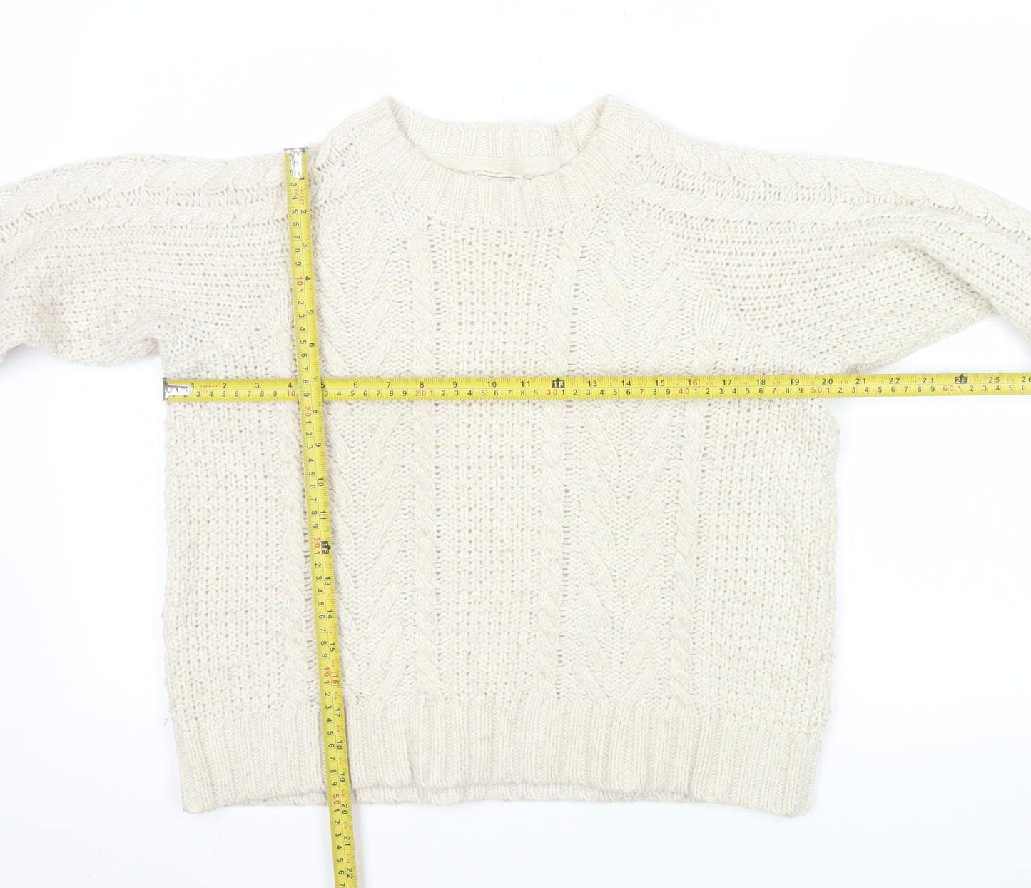 Fat Face Women Ivory Cable Knit Crew Neck Wool Jumper Size 10
