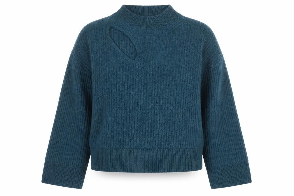 Front view of Hush Women’s Blue Mock Neck Wool Blend Knit Jumper, size S