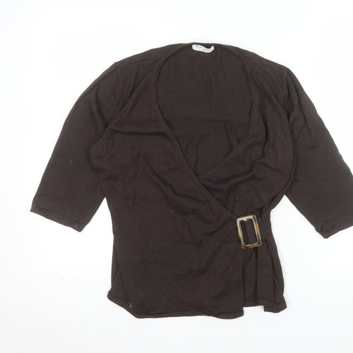 Kaliko Womens Brown Wrap Blouse Size 14 3/4 Sleeve V-Neck Buckle
