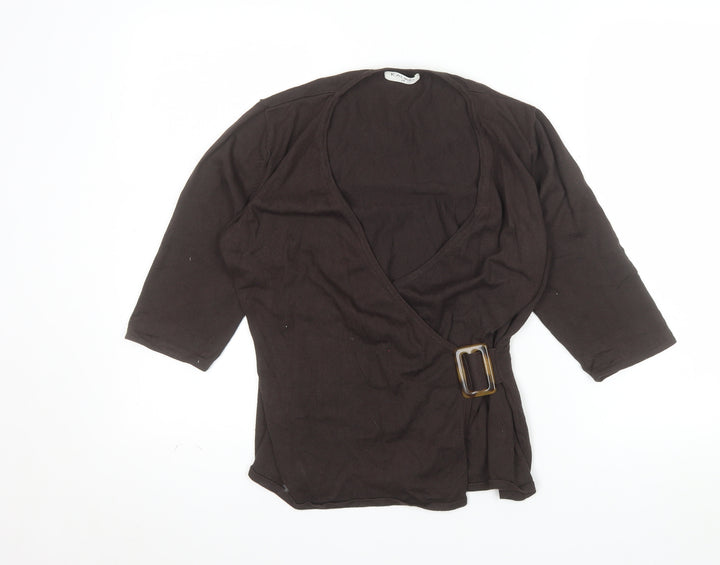 Kaliko Womens Brown Wrap Blouse Size 14 3/4 Sleeve V-Neck Buckle
