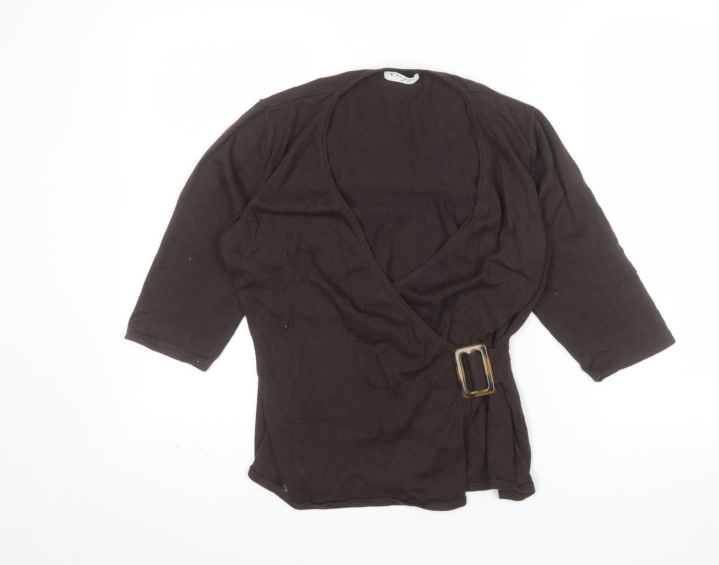 Kaliko Womens Brown Wrap Blouse Size 14 3/4 Sleeve V-Neck Buckle