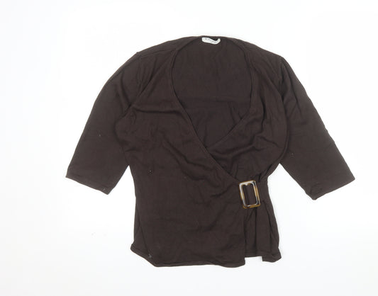 Kaliko Womens Brown Wrap Blouse Size 14 3/4 Sleeve V-Neck Buckle