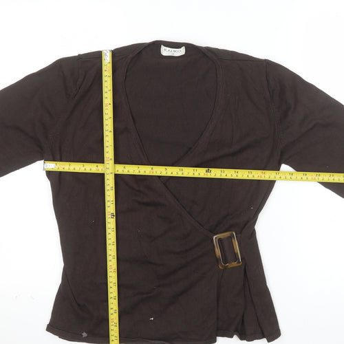 Kaliko Womens Brown Wrap Blouse Size 14 3/4 Sleeve V-Neck Buckle