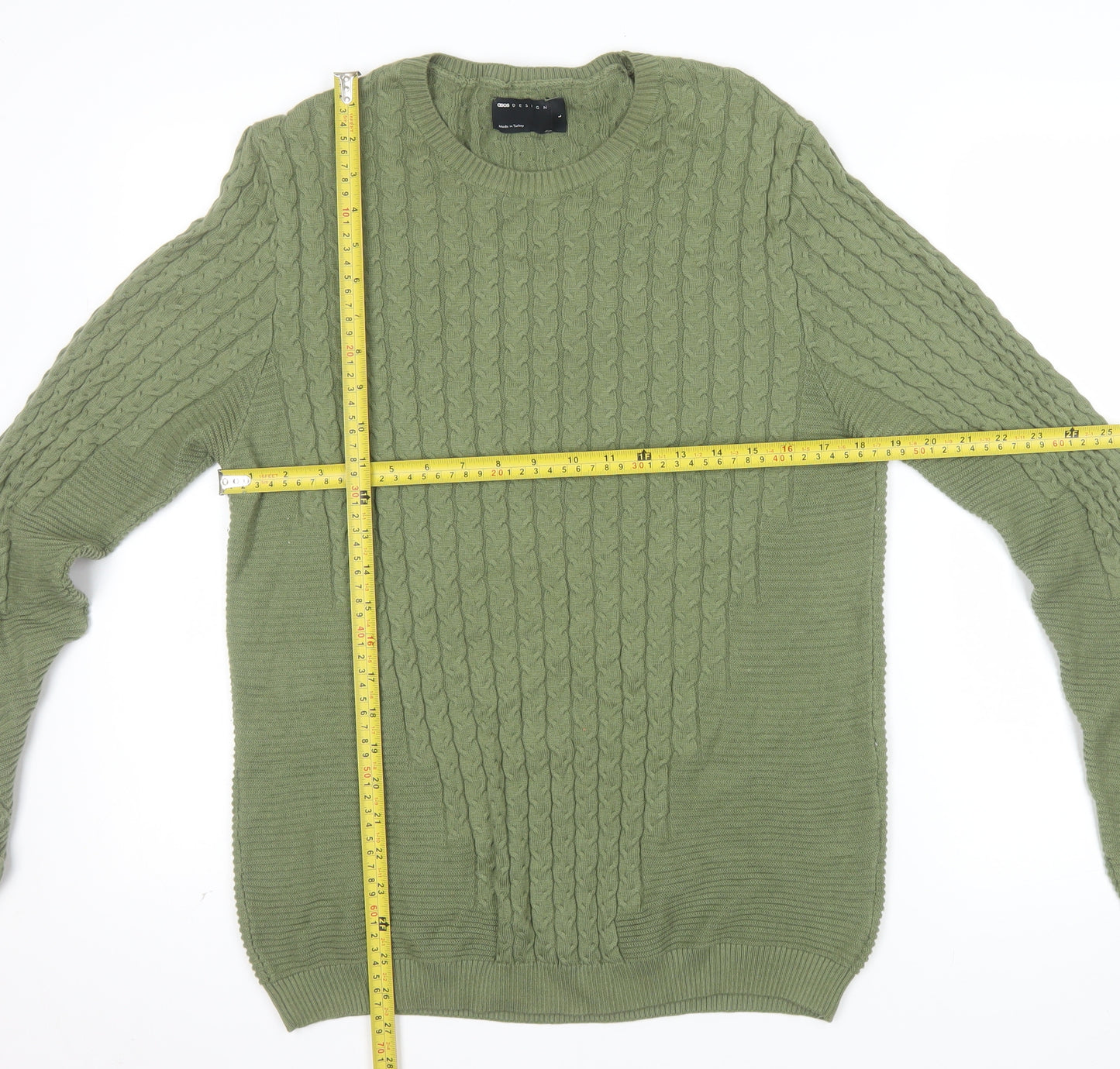 ASOS DESIGN Men's Green Cable-Knit Crew Neck Jumper Size L