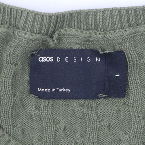 ASOS DESIGN Men's Green Cable-Knit Crew Neck Jumper Size L