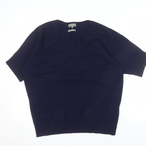 Jaeger Women Navy Wool Cashmere V-Neck Short Sleeve Jumper Size S