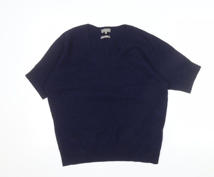Jaeger Women Navy Wool Cashmere V-Neck Short Sleeve Jumper Size S