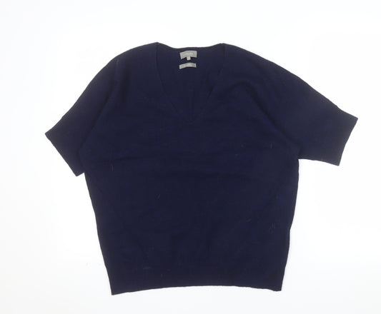 Jaeger Women Navy Wool Cashmere V-Neck Short Sleeve Jumper Size S