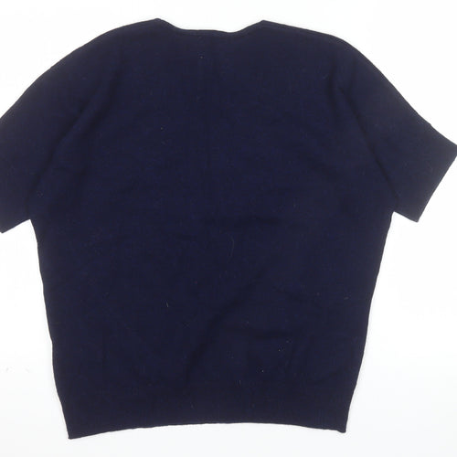 Jaeger Women Navy Wool Cashmere V-Neck Short Sleeve Jumper Size S