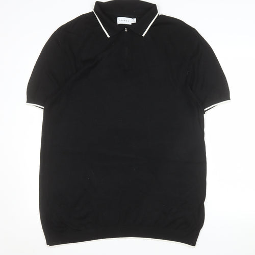 Topman Mens Black XL Knit Zip Collar Polo Shirt Short Sleeve