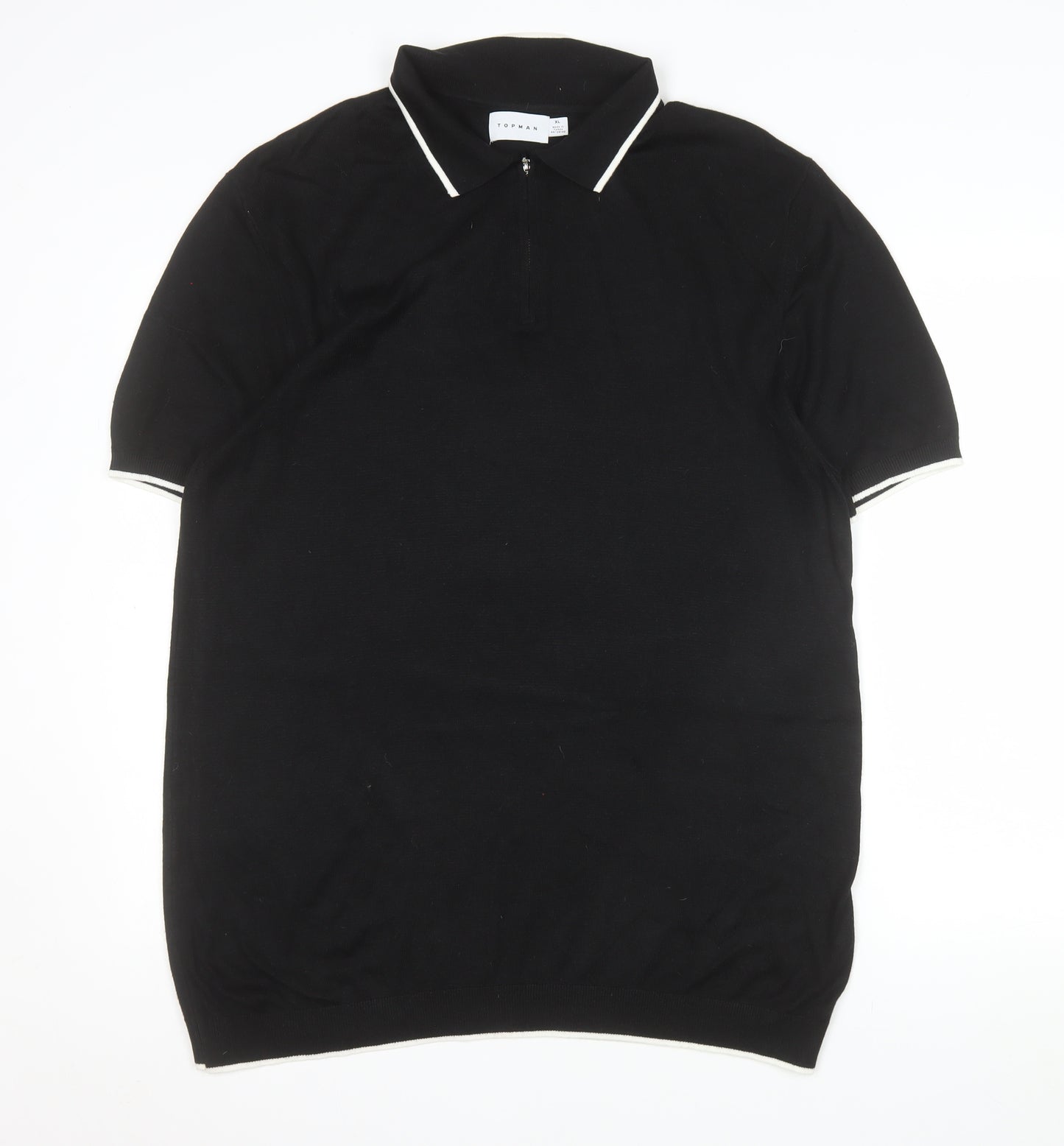 Topman Mens Black XL Knit Zip Collar Polo Shirt Short Sleeve