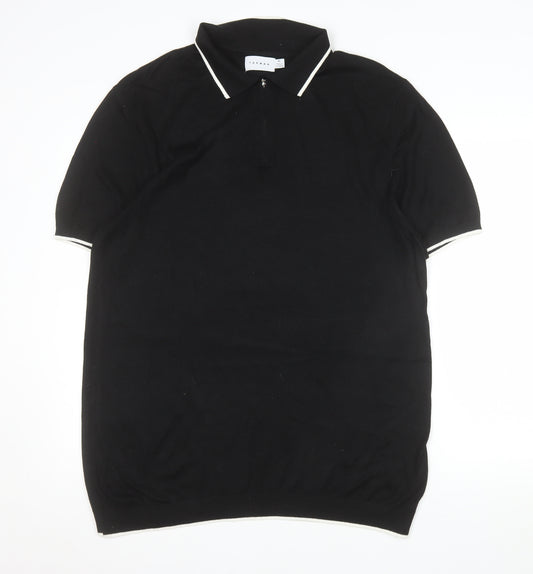 Topman Mens Black XL Knit Zip Collar Polo Shirt Short Sleeve