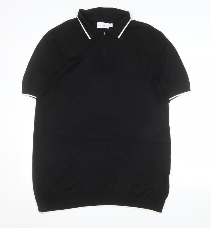 Topman Mens Black XL Knit Zip Collar Polo Shirt Short Sleeve