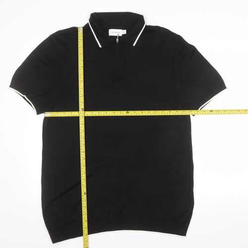 Topman Mens Black XL Knit Zip Collar Polo Shirt Short Sleeve