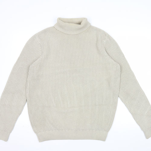 Folk Men's Beige Roll Neck Pullover Jumper Size M Cotton Knit