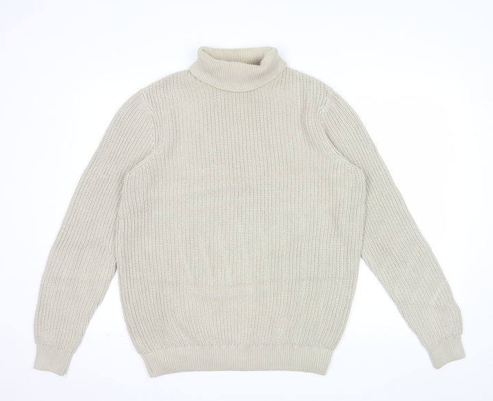 Folk Men's Beige Roll Neck Pullover Jumper Size M Cotton Knit