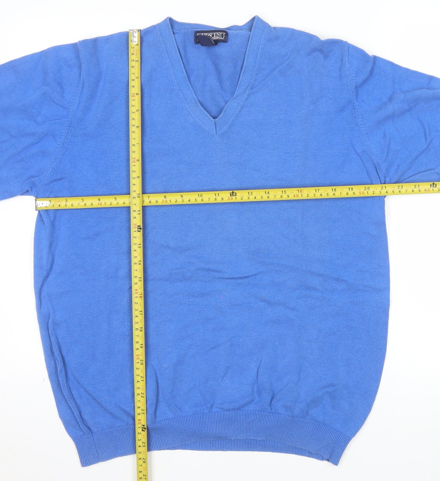Lands' End Men's Blue V-Neck Cotton Jumper Size M Regular