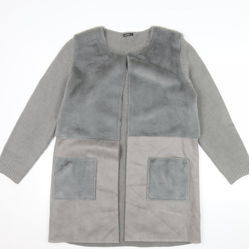 Roman Women Grey Size 14 Faux Fur Trim Knit Longline Cardigan